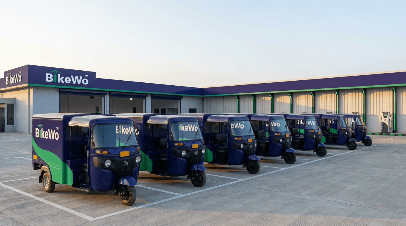 Fleet of BikeWo electric three-wheelers at a branded facility.