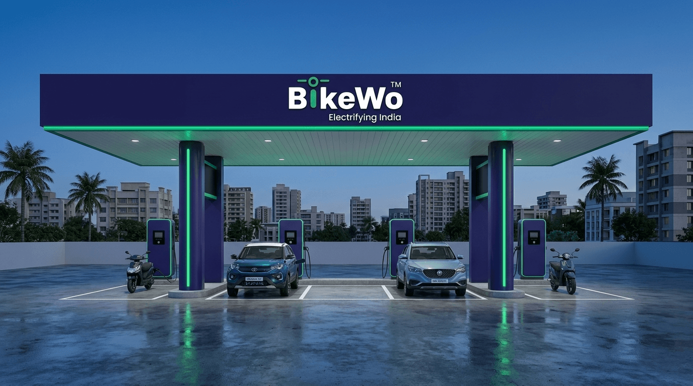 BikeWo charge hub at dusk, with electric scooters and cars at dedicated charging bays.